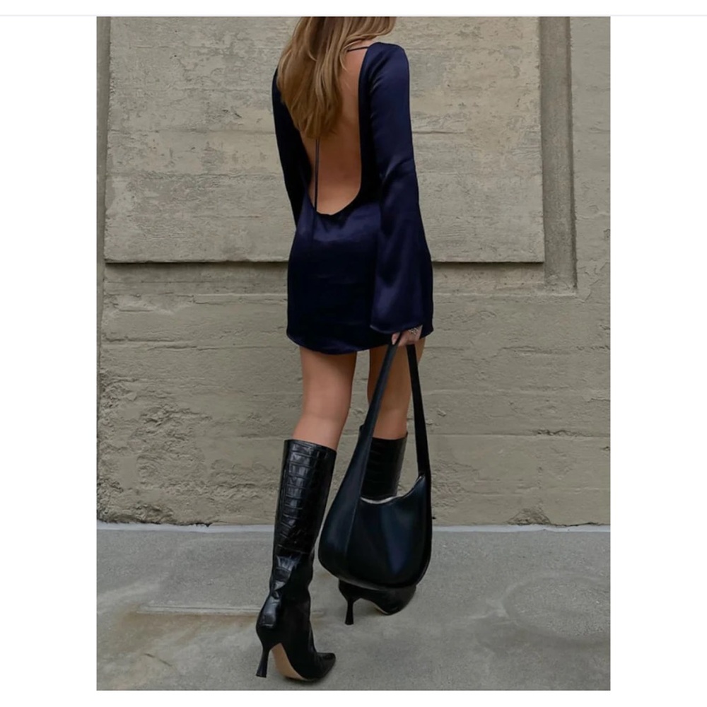 NWT long sleeve backless satin midnight blue mini dress